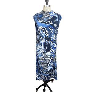 H&M Blue Groovy Print Midi Dress Mock Neck Cap Sleeves Women’s Size XXL
